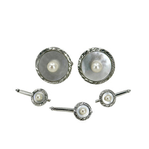 Designer Caribe Japanese Saltwater Cultured Akoya Pearl Mid Century Cufflinks Shirt Studs Set- Sterling Silver