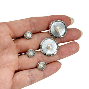 Designer Caribe Japanese Saltwater Cultured Akoya Pearl Mid Century Cufflinks Shirt Studs Set- Sterling Silver