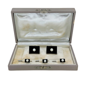Deco Black Onyx Japanese Saltwater Akoya Cultured Pearl Mens Cufflinks Shirt Stud Set - Sterling Silver