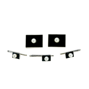 Deco Black Onyx Japanese Saltwater Akoya Cultured Pearl Mens Cufflinks Shirt Stud Set - Sterling Silver