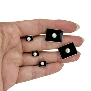 Deco Black Onyx Japanese Saltwater Akoya Cultured Pearl Mens Cufflinks Shirt Stud Set - Sterling Silver