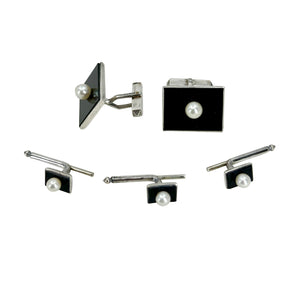 Deco Black Onyx Japanese Saltwater Akoya Cultured Pearl Mens Cufflinks Shirt Stud Set - Sterling Silver