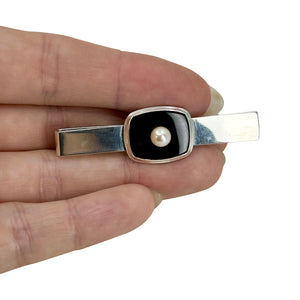 Vintage Black Onyx Mid Century Men's Japanese Saltwater Akoya Cultured Pearl Tie Bar- Sterling Silver