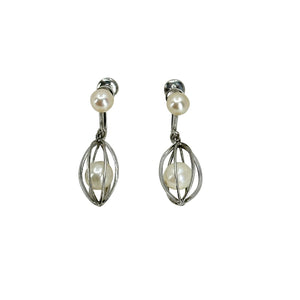 Vintage Cadge Dangle Japan Akoya Saltwater Cultured Pearl Screwback Earrings- Sterling Silver