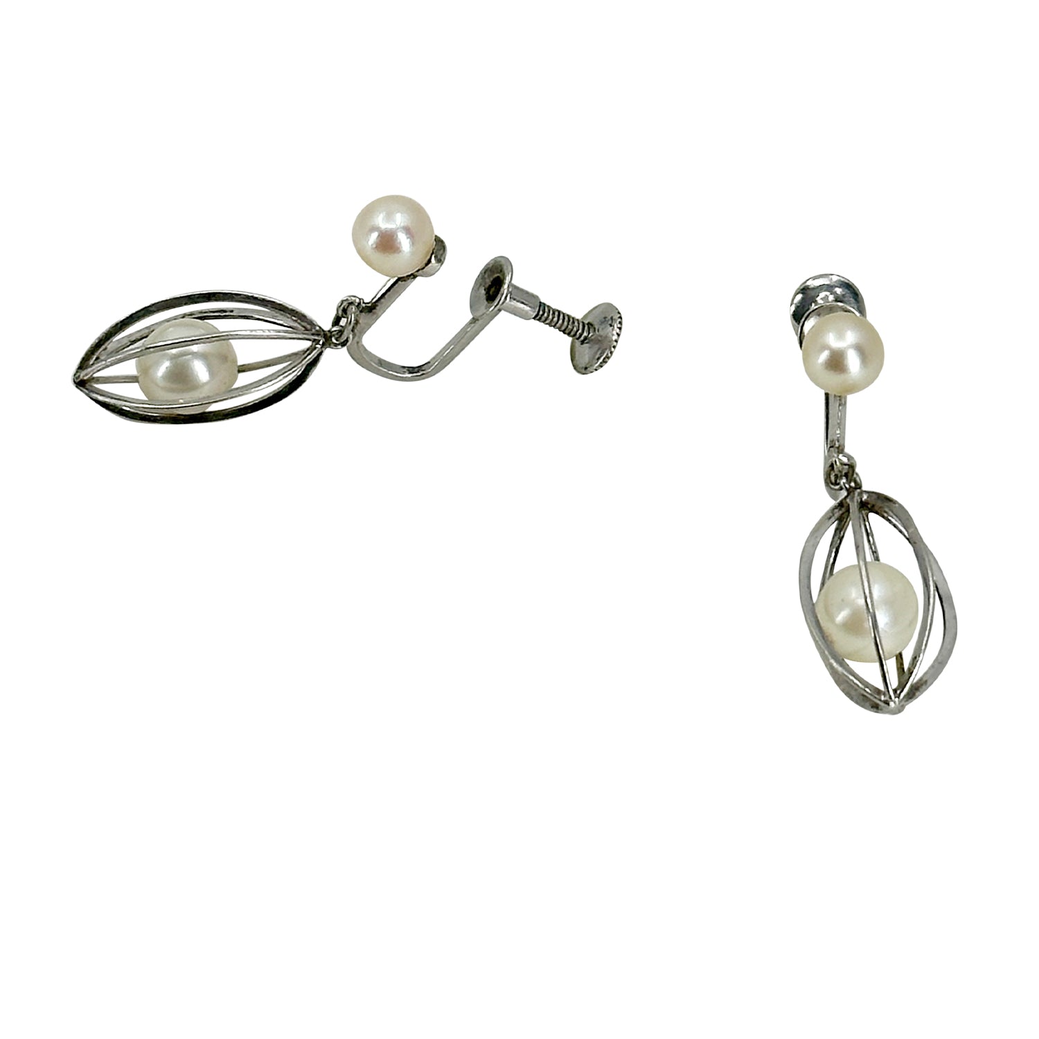 Vintage Cadge Dangle Japan Akoya Saltwater Cultured Pearl Screwback Earrings- Sterling Silver