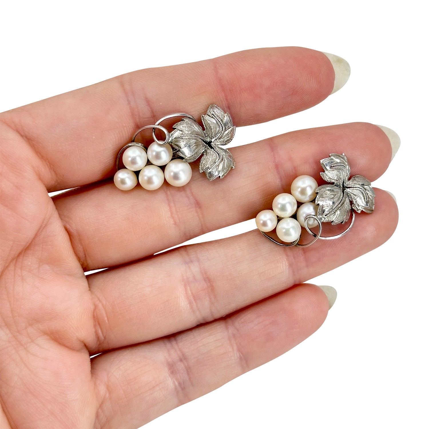 Vintage Cluster Engraved Grape Akoya Saltwater Cultured Pearl Screwback Earrings- Sterling Silver