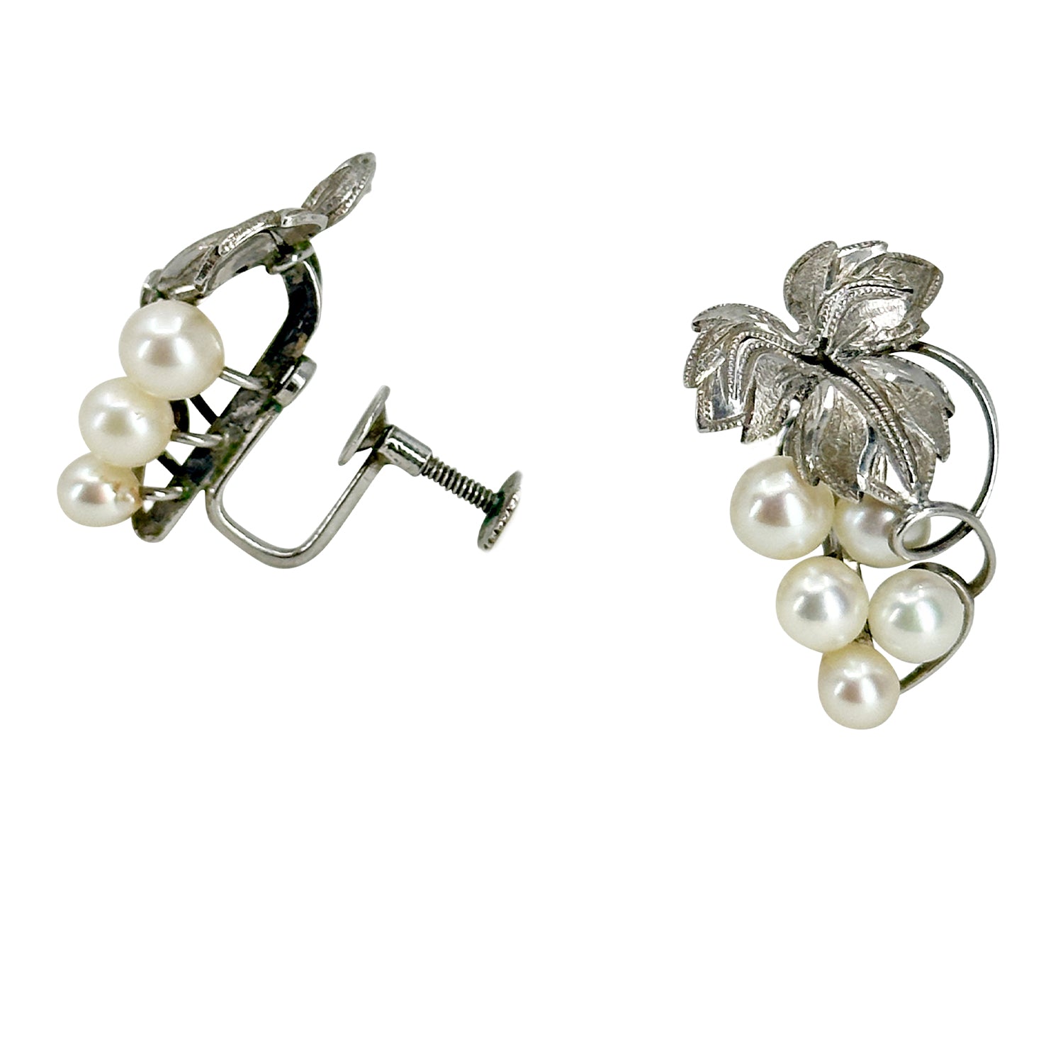 Vintage Cluster Engraved Grape Akoya Saltwater Cultured Pearl Screwback Earrings- Sterling Silver