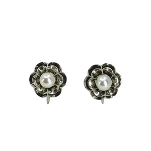 Vintage Claw Prong Buttercup Akoya Saltwater Cultured Pearl Vintage Screwback Earrings- Sterling Silver