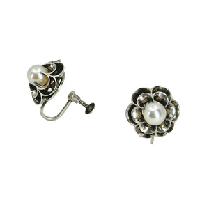 Vintage Claw Prong Buttercup Akoya Saltwater Cultured Pearl Vintage Screwback Earrings- Sterling Silver