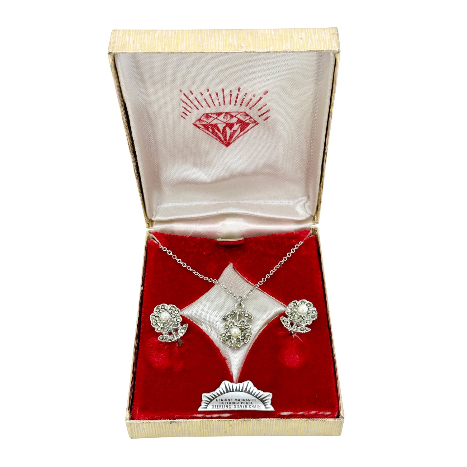 Mid Century Marcasite Flower Vintage Akoya Saltwater Cultured Pearl Screwback Earrings Necklace Box Set- Sterling Silver