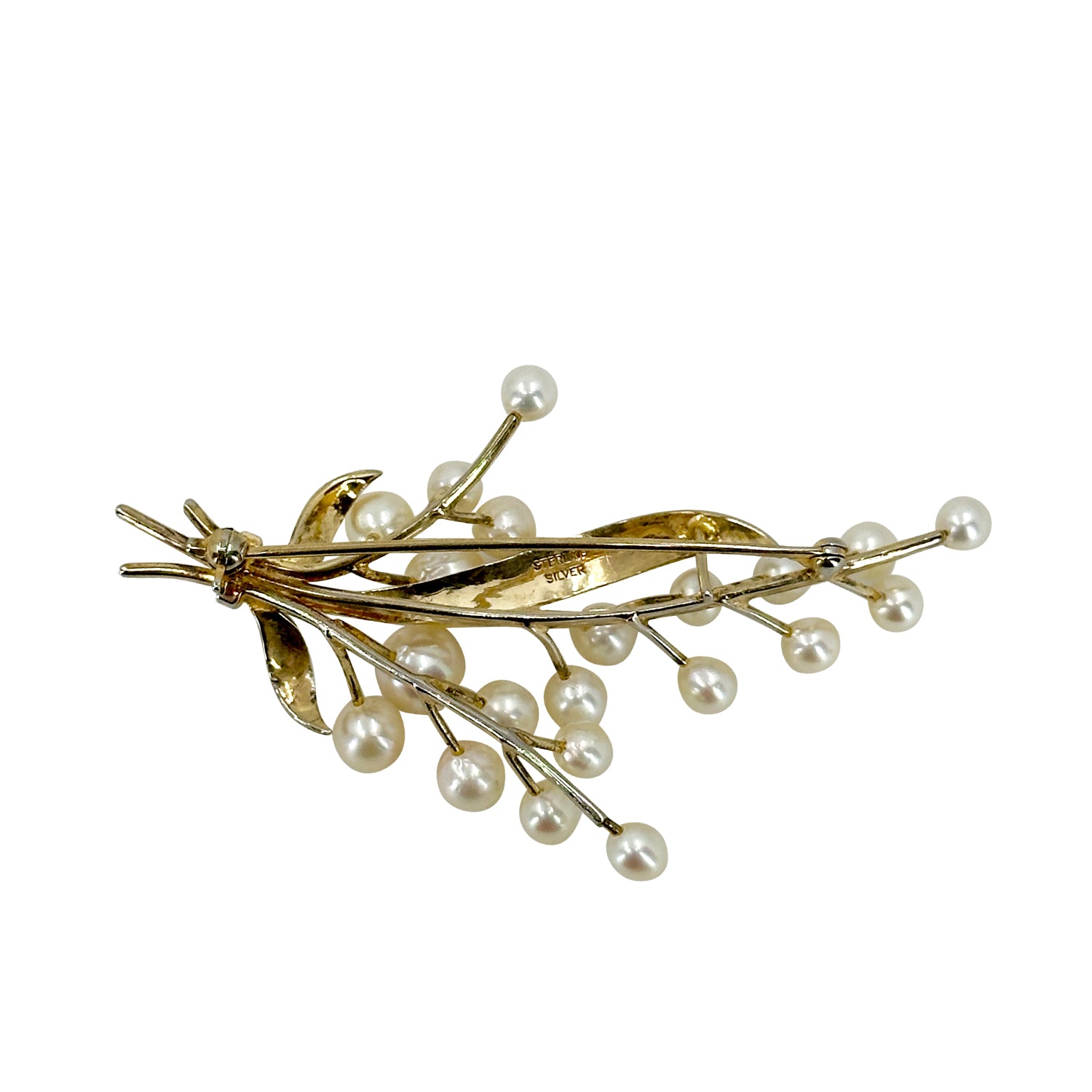 Engraved Branch Japanese Saltwater Akoya Cultured Pearl Vintage Brooch Pin- Sterling Silver Gold Plate