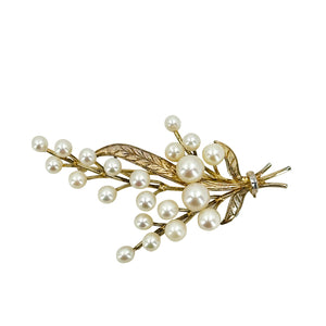 Engraved Branch Japanese Saltwater Akoya Cultured Pearl Vintage Brooch Pin- Sterling Silver Gold Plate