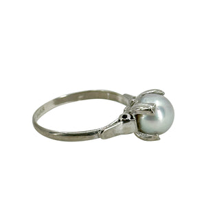 Light Gray Retro Japanese Saltwater Akoya Cultured Pearl Solitaire Ring- Sterling Silver Sz 6