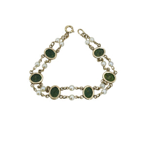 Nephrite Jade Double Strand Vintage Akoya Saltwater Cultured Pearl Double Strand Bracelet- Yellow Gold Filled