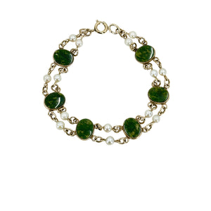 Nephrite Jade Double Strand Vintage Akoya Saltwater Cultured Pearl Double Strand Bracelet- Yellow Gold Filled