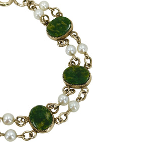 Nephrite Jade Double Strand Vintage Akoya Saltwater Cultured Pearl Double Strand Bracelet- Yellow Gold Filled