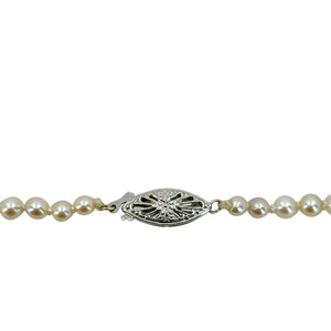 Quality Rosy Filigree Mid-Century Cultured Akoya Pearl Necklace Strand - 14K White Gold 17 Inch