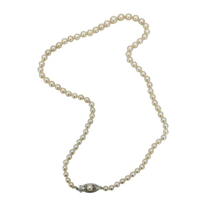 Quality Rosy Filigree Mid-Century Cultured Akoya Pearl Necklace Strand - 14K White Gold 17 Inch