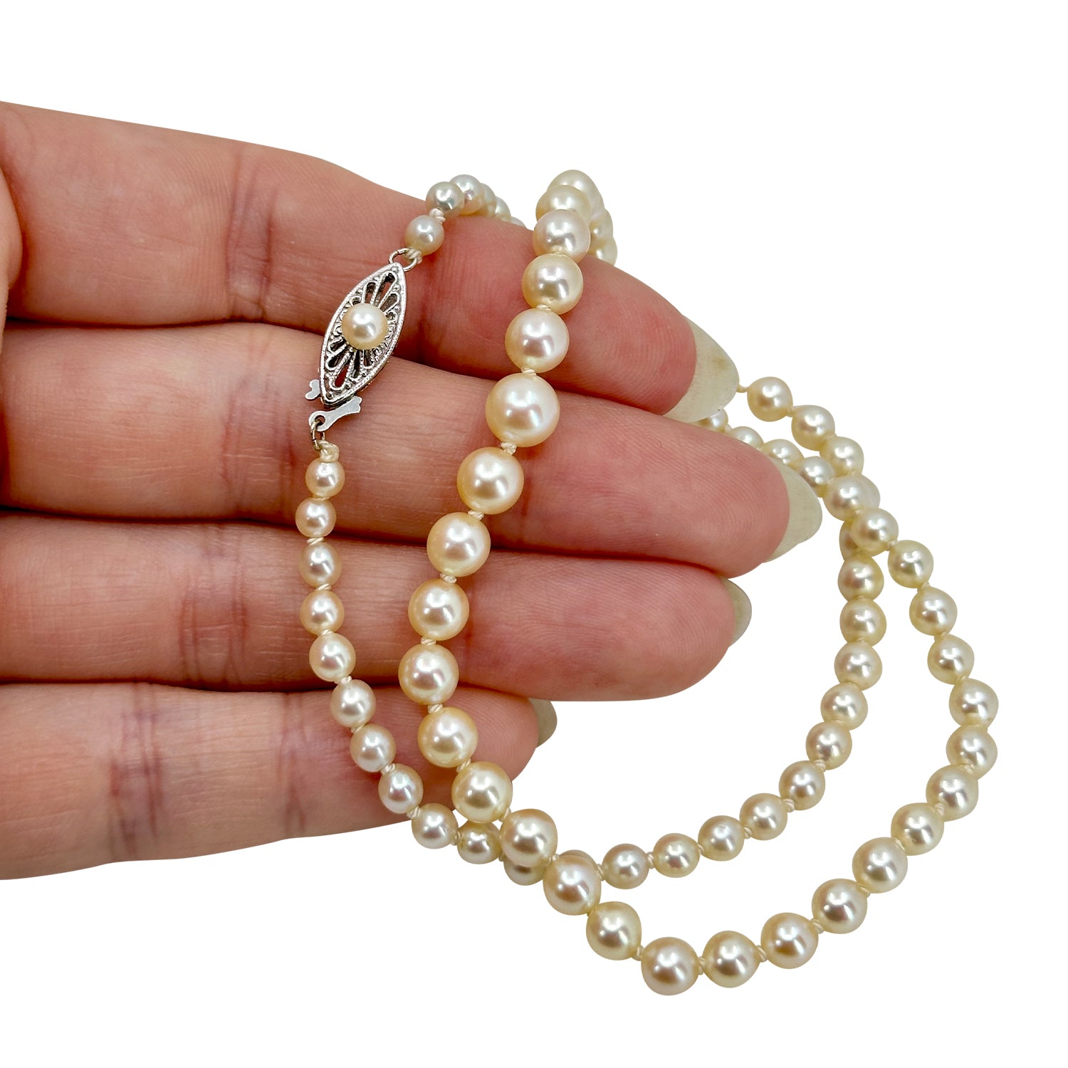 Quality Rosy Filigree Mid-Century Cultured Akoya Pearl Necklace Strand - 14K White Gold 17 Inch
