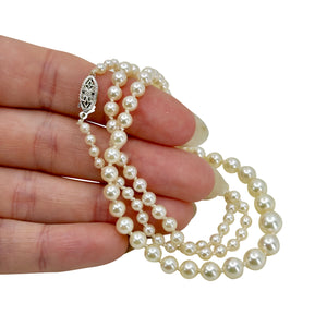 Graduated Mid Century Floral Japanese Saltwater Akoya Cultured Pearl Vintage Necklace - 14K White Gold 20.50 Inch