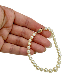 Vintage Graduated Mid Century Japanese Saltwater Akoya Cultured Pearl Bracelet- 14K Yellow Gold