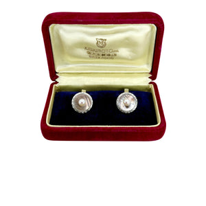Mid Century Mikimoto Designer Men's Japanese Saltwater Akoya Cultured Pearl Cufflinks Original Box- Sterling Silver