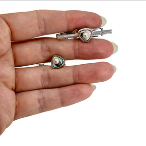 MOP Designer Maruwa Japanese Cultured Akoya Pearl Mother of Pearl Mid Century Tie Bar Tac Set - Sterling Silver