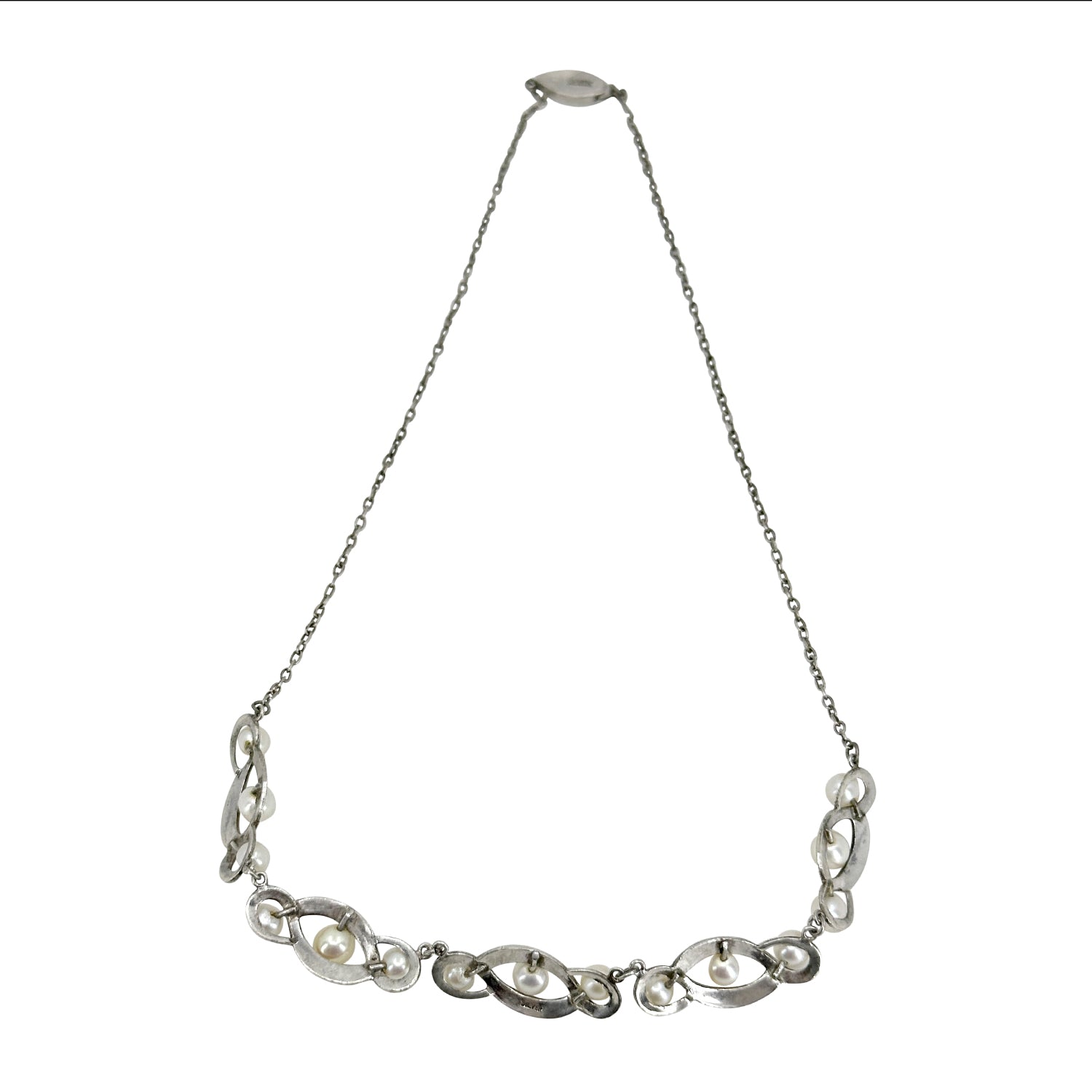 Twisted Infinity Vintage Japanese Saltwater Akoya Cultured Pearl Mid Century Necklace- Sterling Silver 16 Inch