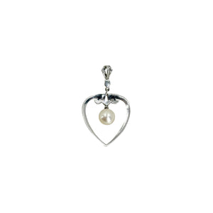 Engraved Vintage Designer Mikimoto Heart Saltwater Akoya Cultured Pearl Pendant- Sterling Silver