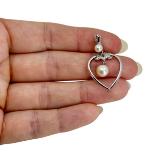 Engraved Vintage Designer Mikimoto Heart Saltwater Akoya Cultured Pearl Pendant- Sterling Silver