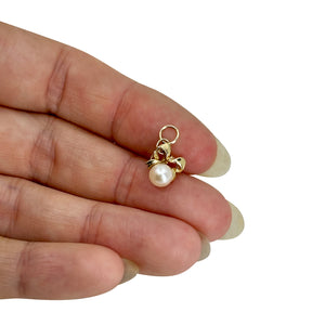 Petite Bow Mid Century Japanese Saltwater Akoya Cultured Pearl Vintage Pendant- 14K Yellow Gold