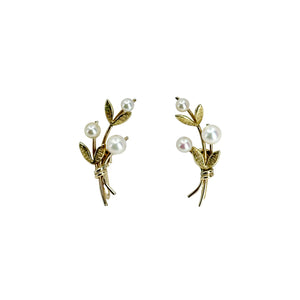 Spray Krementz Designer Mid-Century Akoya Saltwater Cultured Pearl Screwback Vintage Leaf Earrings - Gold Filled
