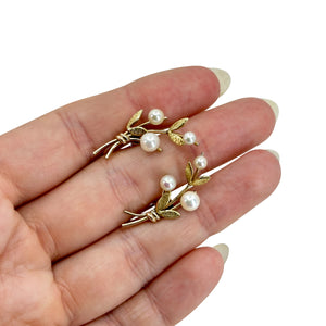 Spray Krementz Designer Mid-Century Akoya Saltwater Cultured Pearl Screwback Vintage Leaf Earrings - Gold Filled