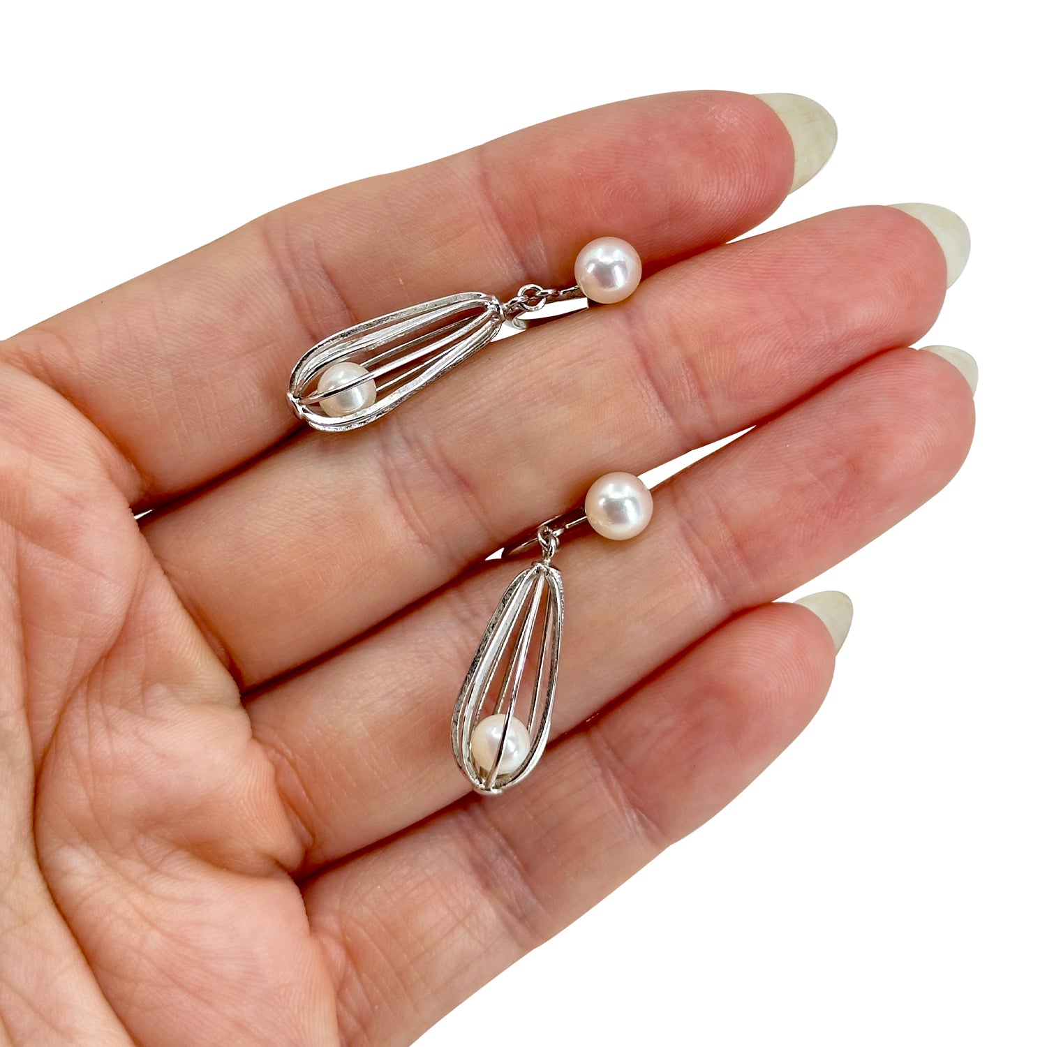 Vintage Cadge Drop Japan Akoya Saltwater Cultured Pearl Screwback Earrings- Sterling Silver