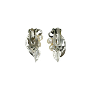 Vintage Mings Of Honolulu Saltwater Akoya Cultured Pearl Screwback Leaf Earrings- Sterling Silver