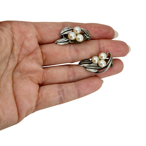 Vintage Mings Of Honolulu Saltwater Akoya Cultured Pearl Screwback Leaf Earrings- Sterling Silver