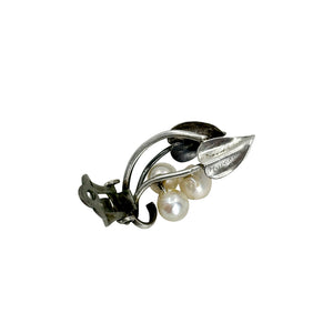 Vintage Mings Of Honolulu Saltwater Akoya Cultured Pearl Screwback Leaf Earrings- Sterling Silver