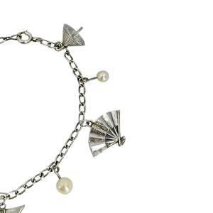 Japan Traveler Saltwater Akoya Cultured Pearl Charm Bracelet Pagoda Fan Tori Tea- Sterling Silver