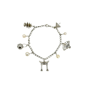 Japan Traveler Saltwater Akoya Cultured Pearl Charm Bracelet Pagoda Fan Tori Tea- Sterling Silver
