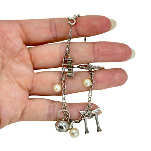 Japan Traveler Saltwater Akoya Cultured Pearl Charm Bracelet Pagoda Fan Tori Tea- Sterling Silver