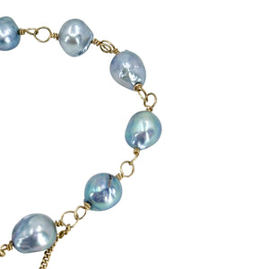 Baroque Blue Vintage Japanese Saltwater Akoya Cultured Pearl Mid-Century Station Bracelet- 10K Yellow Gold