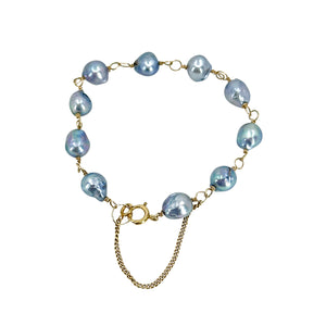 Baroque Blue Vintage Japanese Saltwater Akoya Cultured Pearl Mid-Century Station Bracelet- 10K Yellow Gold