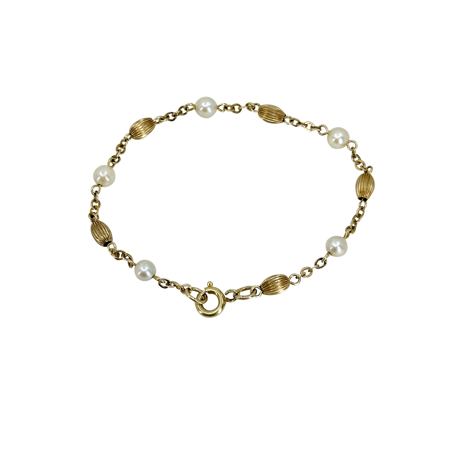 Vintage Tube Japanese Saltwater Akoya Cultured Pearl Vintage Link Bracelet- Yellow Gold Filled