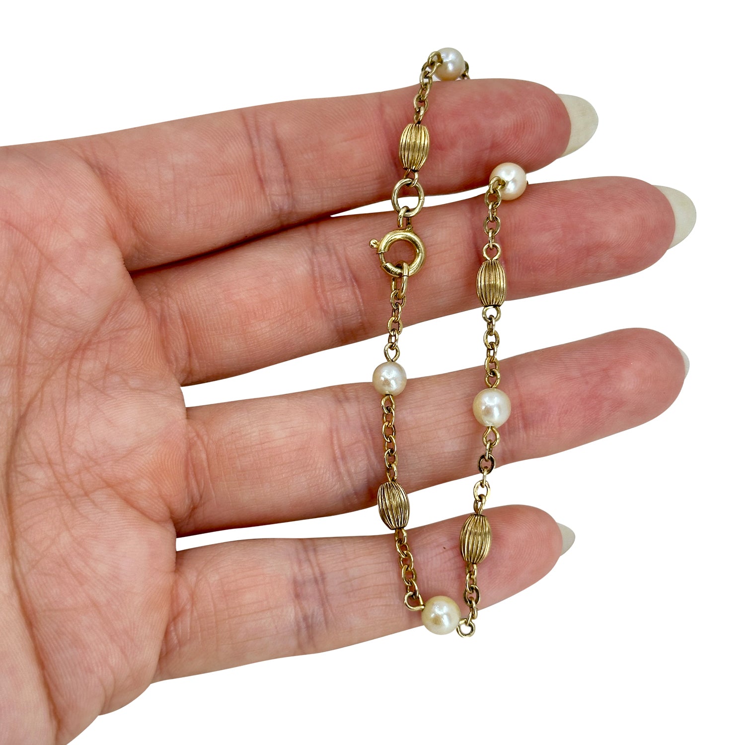 Vintage Tube Japanese Saltwater Akoya Cultured Pearl Vintage Link Bracelet- Yellow Gold Filled