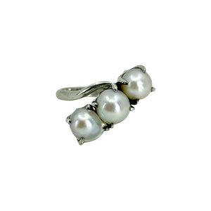 Triple Baroque Blue Japanese Saltwater Akoya Cultured Pearl Claw Prong Ring- Sterling Silver Sz 6