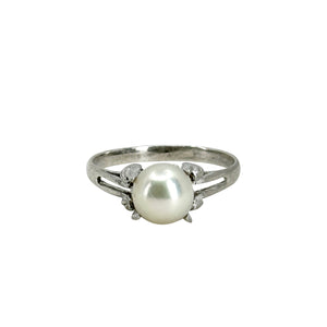 Leafy Split Shank Solitaire Japanese Saltwater Akoya Cultured Pearl Vintage Ring- Sterling Silver Sz 6.25