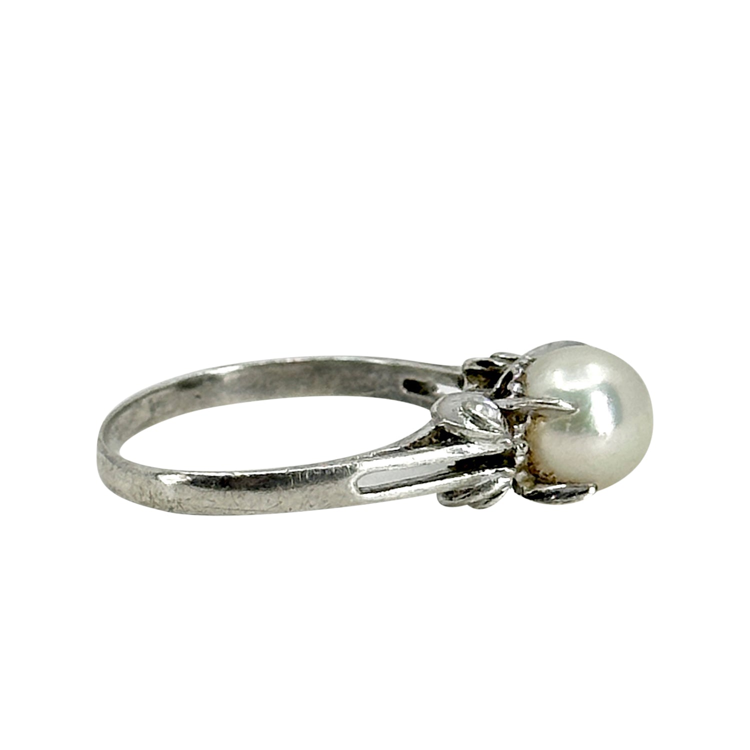 Leafy Split Shank Solitaire Japanese Saltwater Akoya Cultured Pearl Vintage Ring- Sterling Silver Sz 6.25