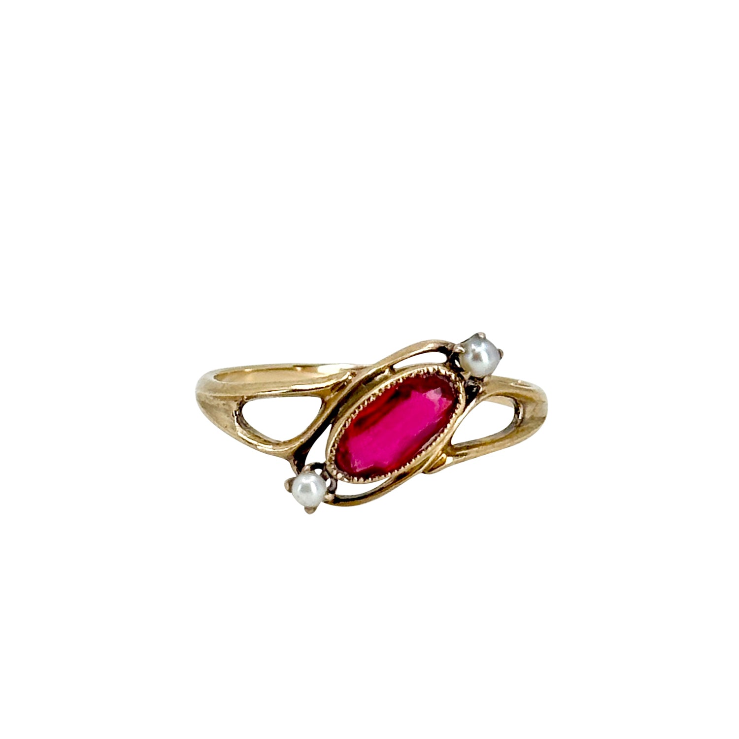 Ostby Barton Art Deco Japanese Saltwater Akoya Cultured Pearl Synthetic Ruby Ring- 10K Rose Gold Size 7.75