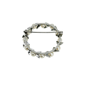Leafy Wreath Vintage Japanese Saltwater Akoya Cultured Pearl Brooch Large Pin- Sterling Silver