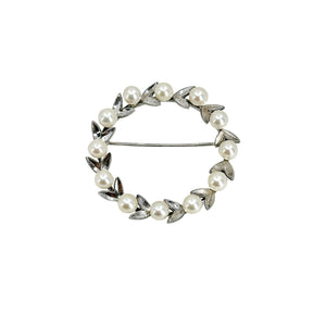 Leafy Wreath Vintage Japanese Saltwater Akoya Cultured Pearl Brooch Large Pin- Sterling Silver